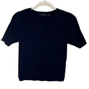 Lauren Ralph Lauren Womens Classic Ribbed Knit Sweater Short Sleeve M Navy Blue
